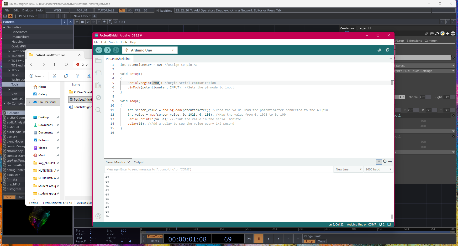 Activity 3 involved using the Arduino dial to manipulate a design on TouchDesigner. Here, we are testing the dial by turning it left and right and seeing the values change.